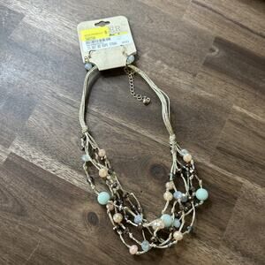 "Silver Strike" Set Multi Strand Necklace, Beige, Caramel, Jade Tones, 18" New